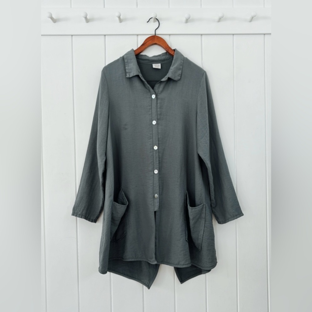 Et’ Lois Lagenlook Tunic Button Front Oversized Shirt Women Medium M Blue Grey